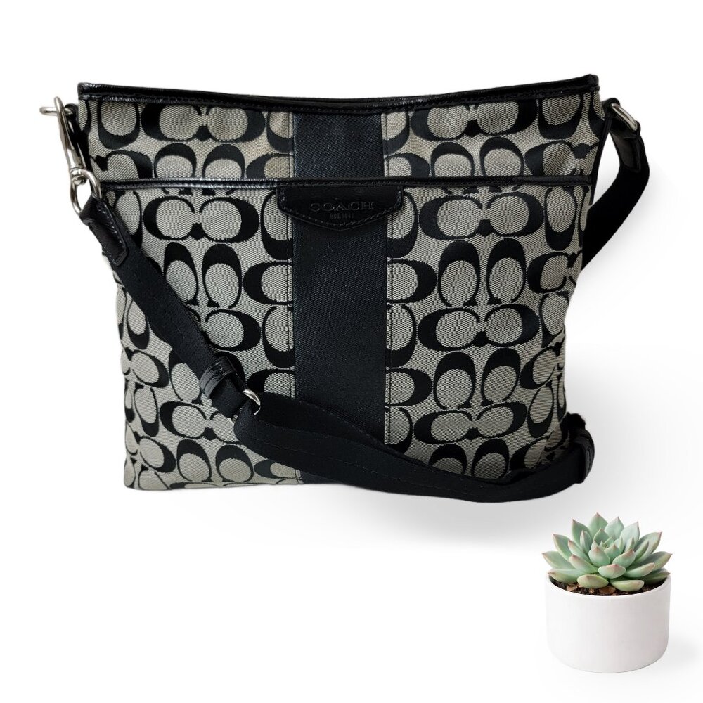 COACH Black Signature Canvas Crossbody Shoulder Bag Silver Hardware